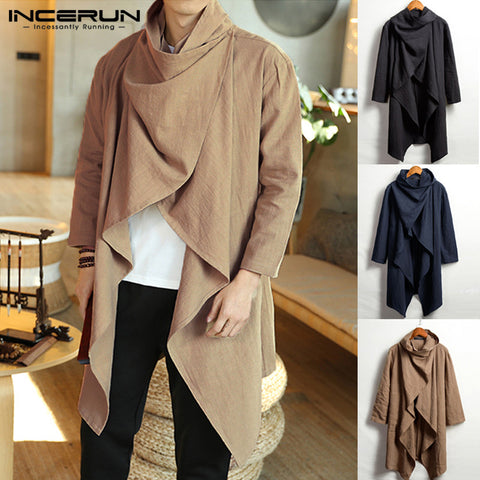 INCERUN Men Coats Long Sleeve Scarf Collar Trench Ponchos Cotton Outwear Solid Cloak Vintage Irregular Jackets Men Streetwear 7