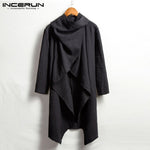 INCERUN Men Coats Long Sleeve Scarf Collar Trench Ponchos Cotton Outwear Solid Cloak Vintage Irregular Jackets Men Streetwear 7