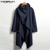 INCERUN Men Coats Long Sleeve Scarf Collar Trench Ponchos Cotton Outwear Solid Cloak Vintage Irregular Jackets Men Streetwear 7