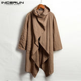 INCERUN Men Coats Long Sleeve Scarf Collar Trench Ponchos Cotton Outwear Solid Cloak Vintage Irregular Jackets Men Streetwear 7